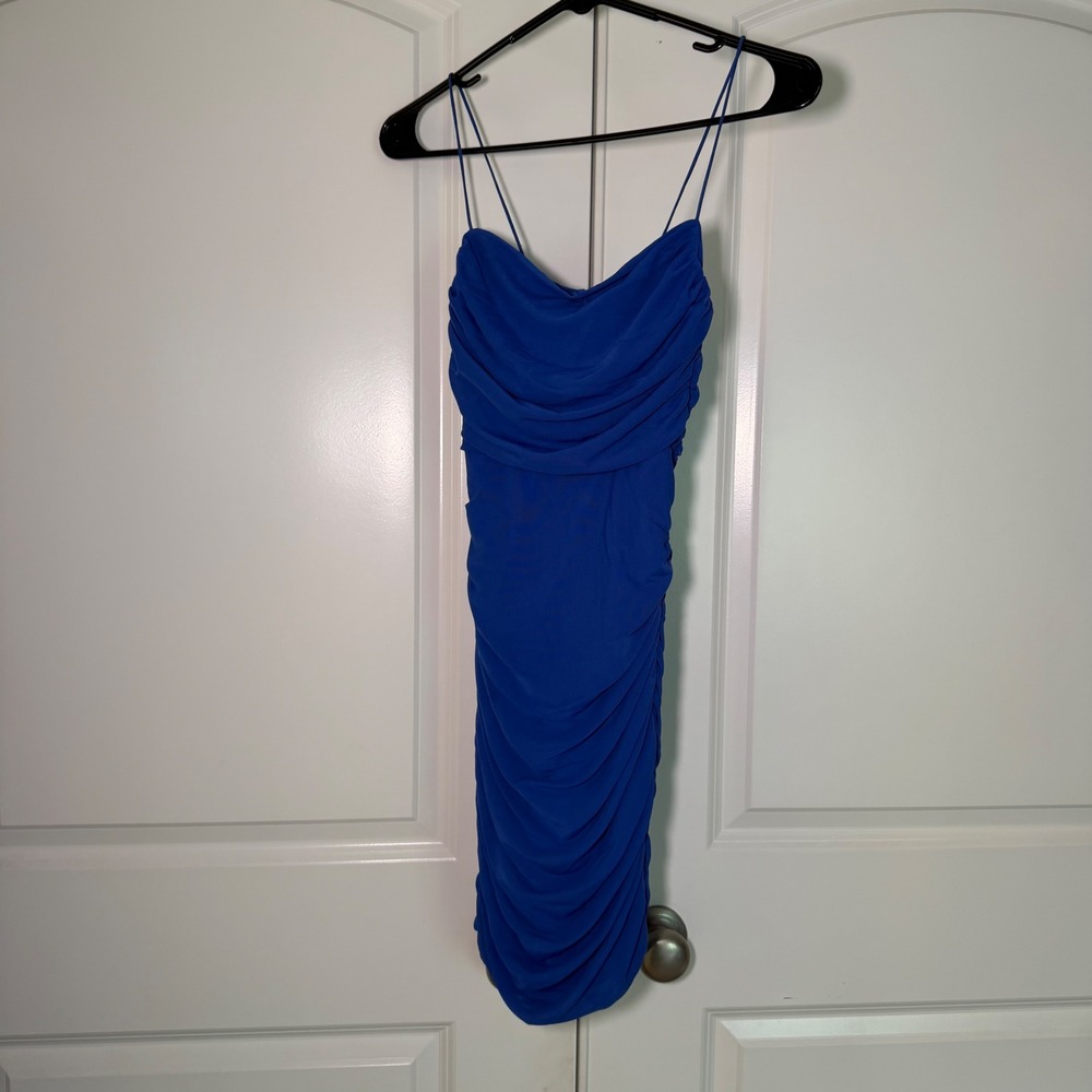 Princess Polly Blue Ruched Mini Dress Bodycon Cowl Neck Spaghetti Strap Size 4